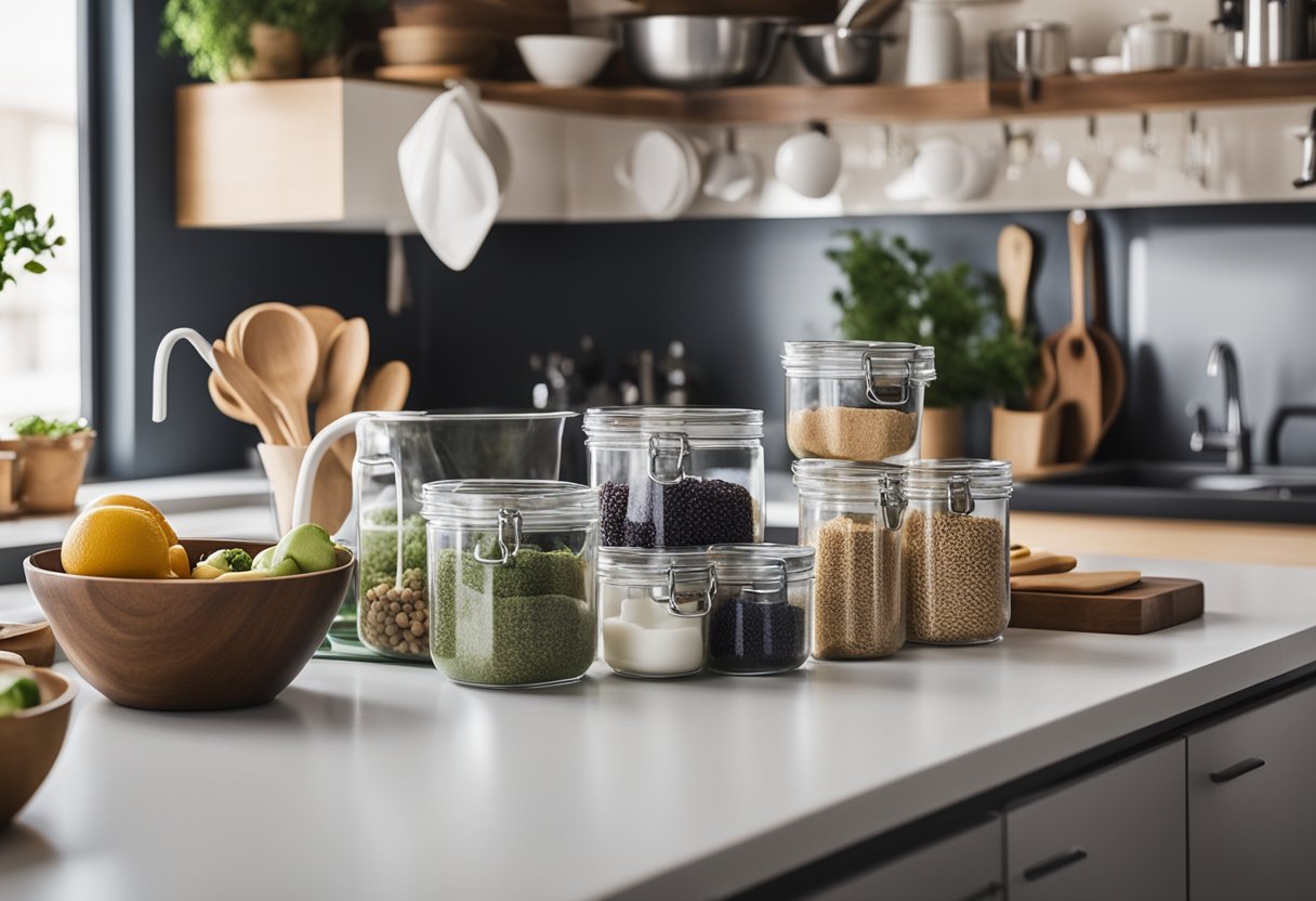 A clean and organized kitchen with labeled containers, a sparkling sink, and neatly arranged utensils on a counter