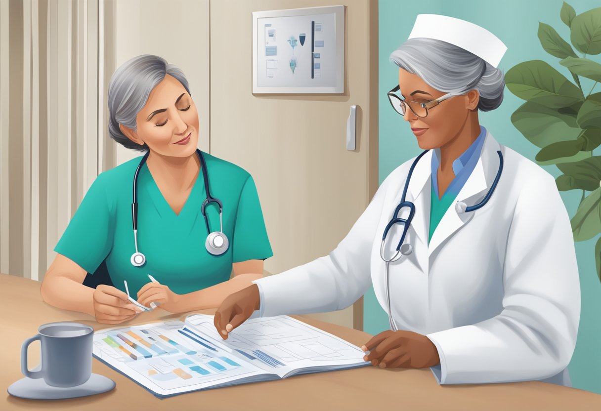 A nurse educates a patient on heart failure management, using visual aids and providing medication instructions