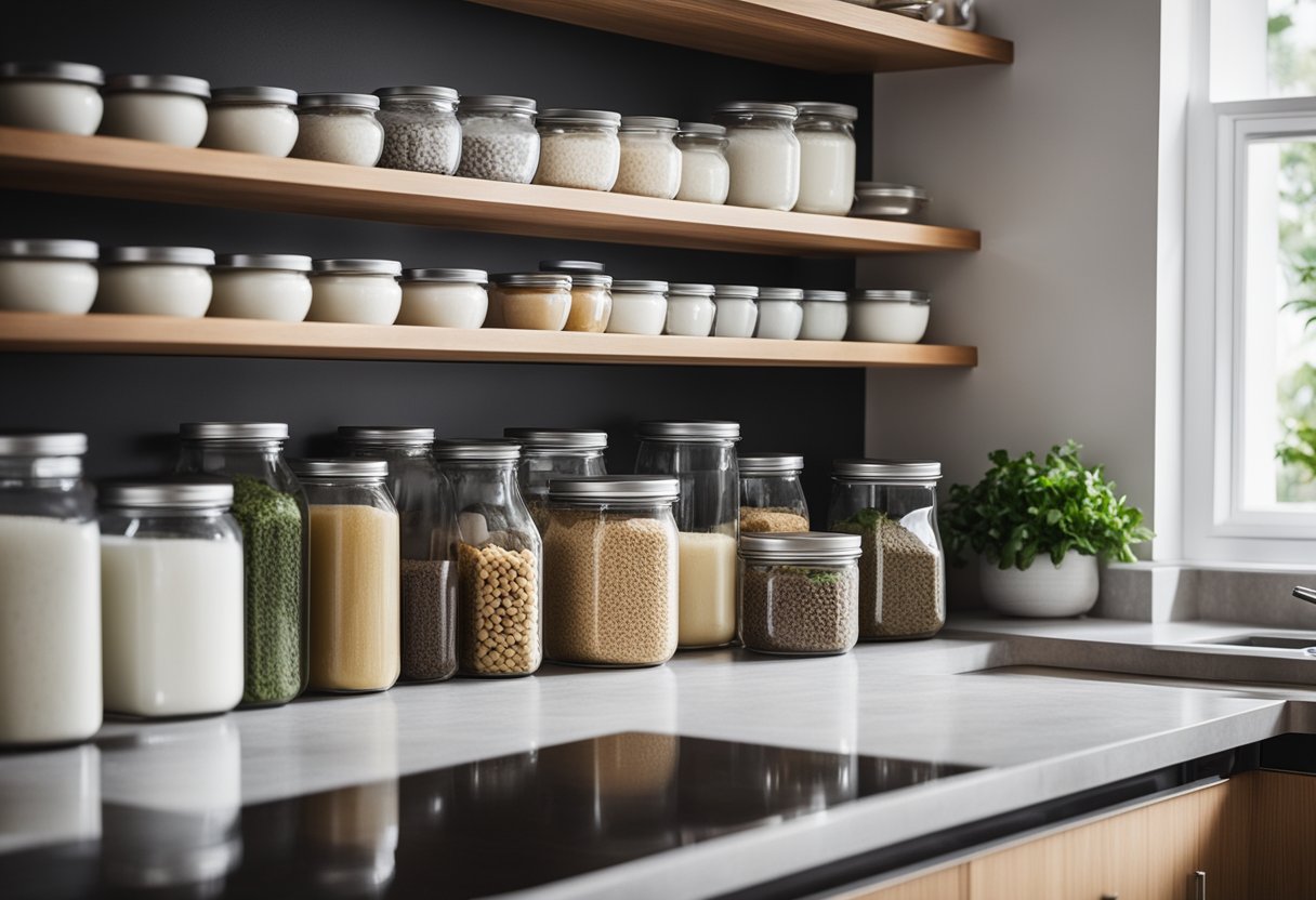 A clean and organized kitchen with labeled containers, tidy countertops, and a neatly arranged pantry