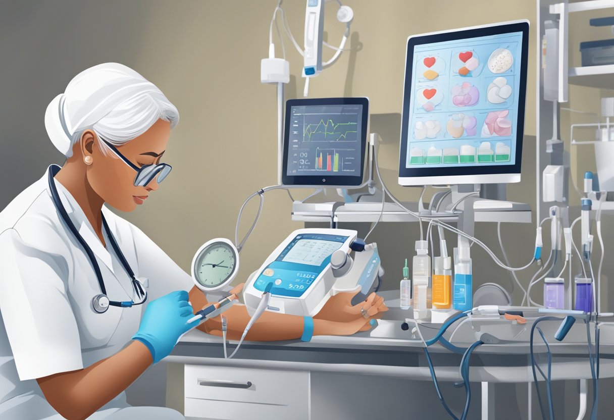 A nurse adjusting medication and monitoring vital signs for a heart failure patient