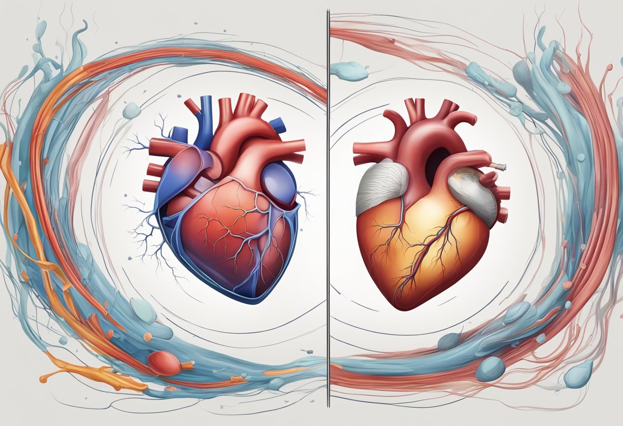 A healthy heart pumping blood smoothly vs a failing heart struggling to circulate blood, causing fluid buildup