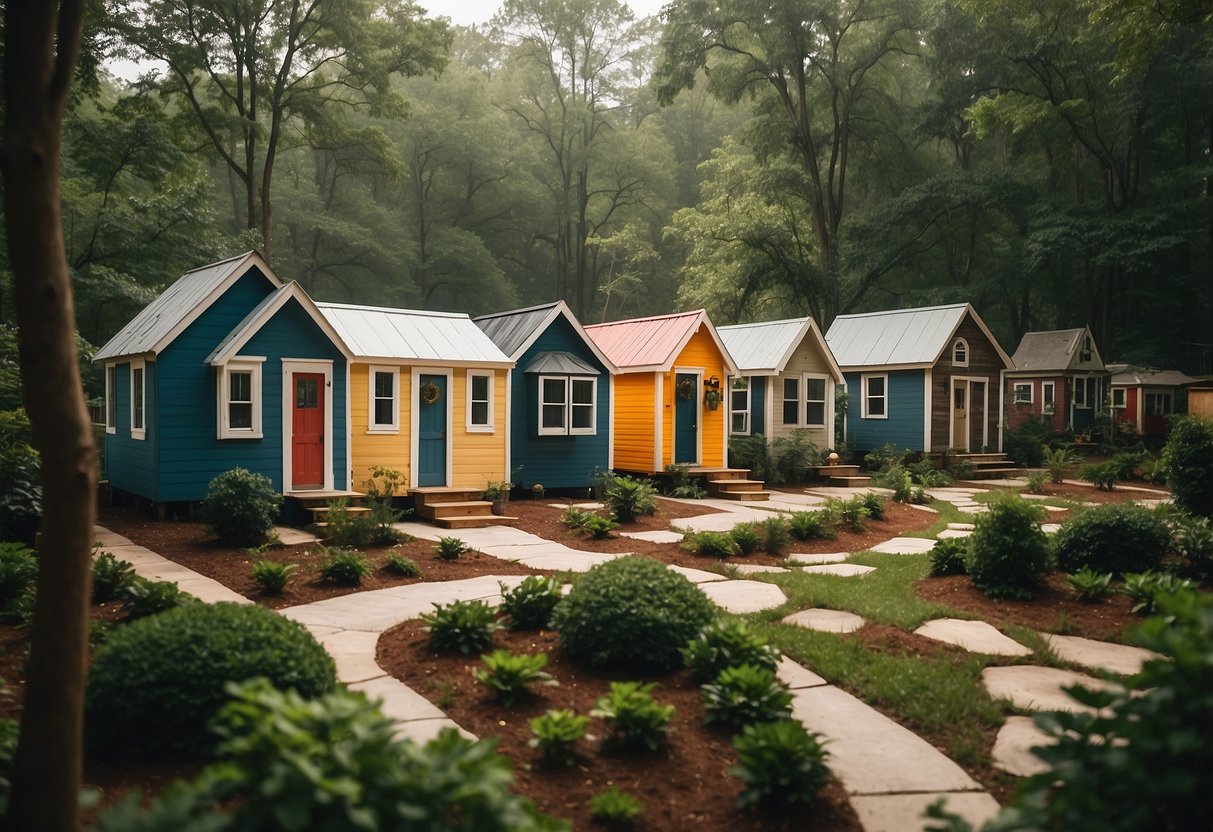 A cluster of colorful tiny homes nestled among lush green trees in an Atlanta community
