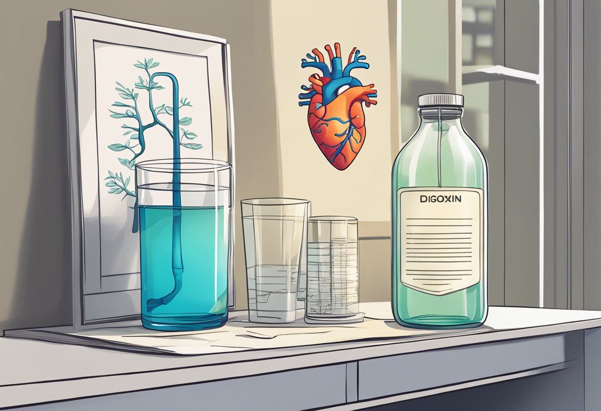 A bottle of digoxin sits on a bedside table next to a glass of water. A heart-shaped diagram of the circulatory system hangs on the wall