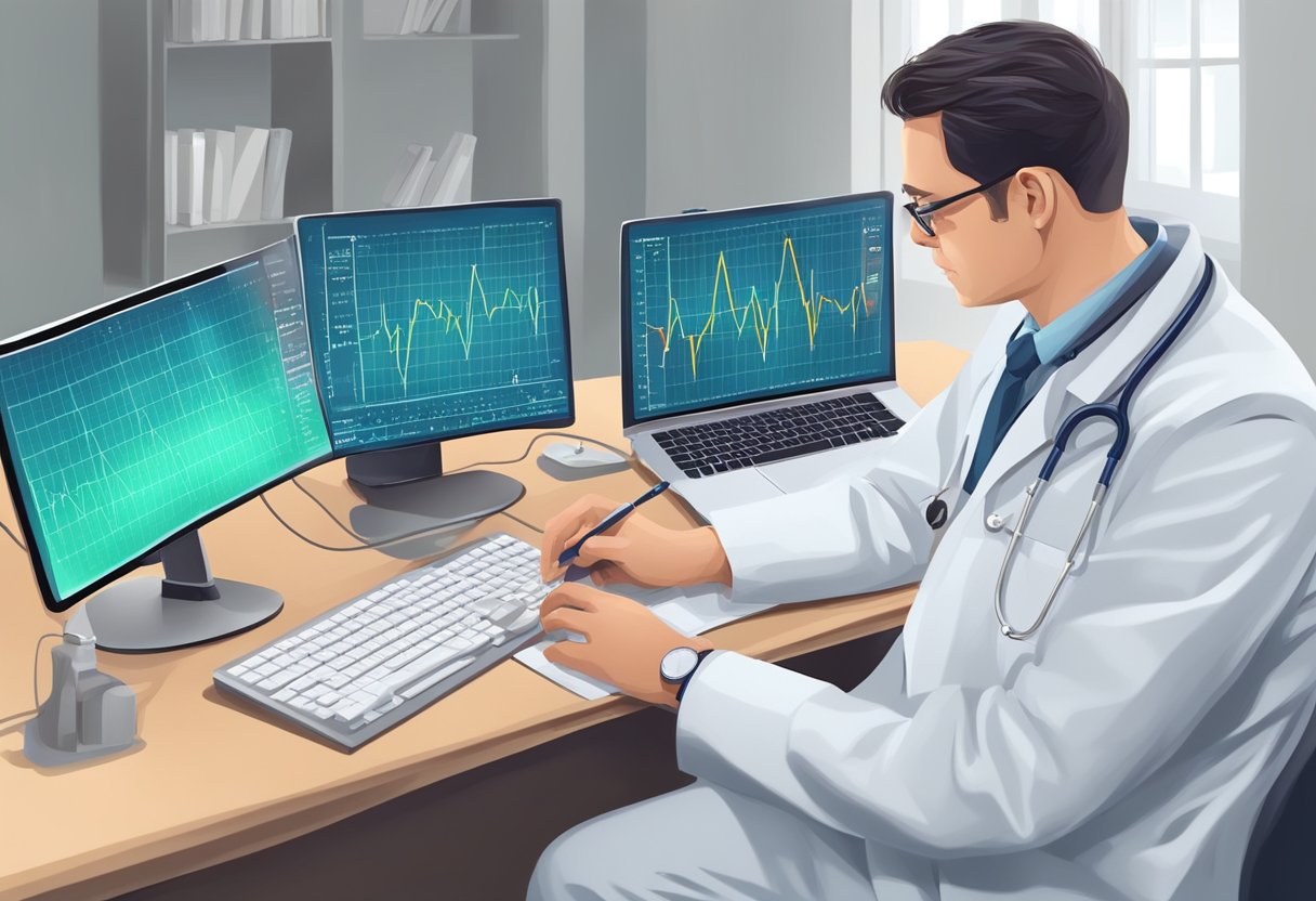 A doctor examines ECG results, searching for reversible causes of complete heart block