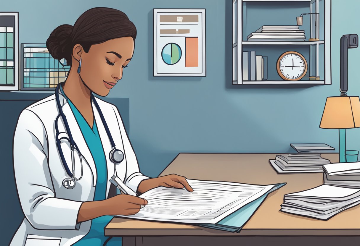 A nurse reviewing a list of frequently asked questions about nursing interventions for heart failure patients