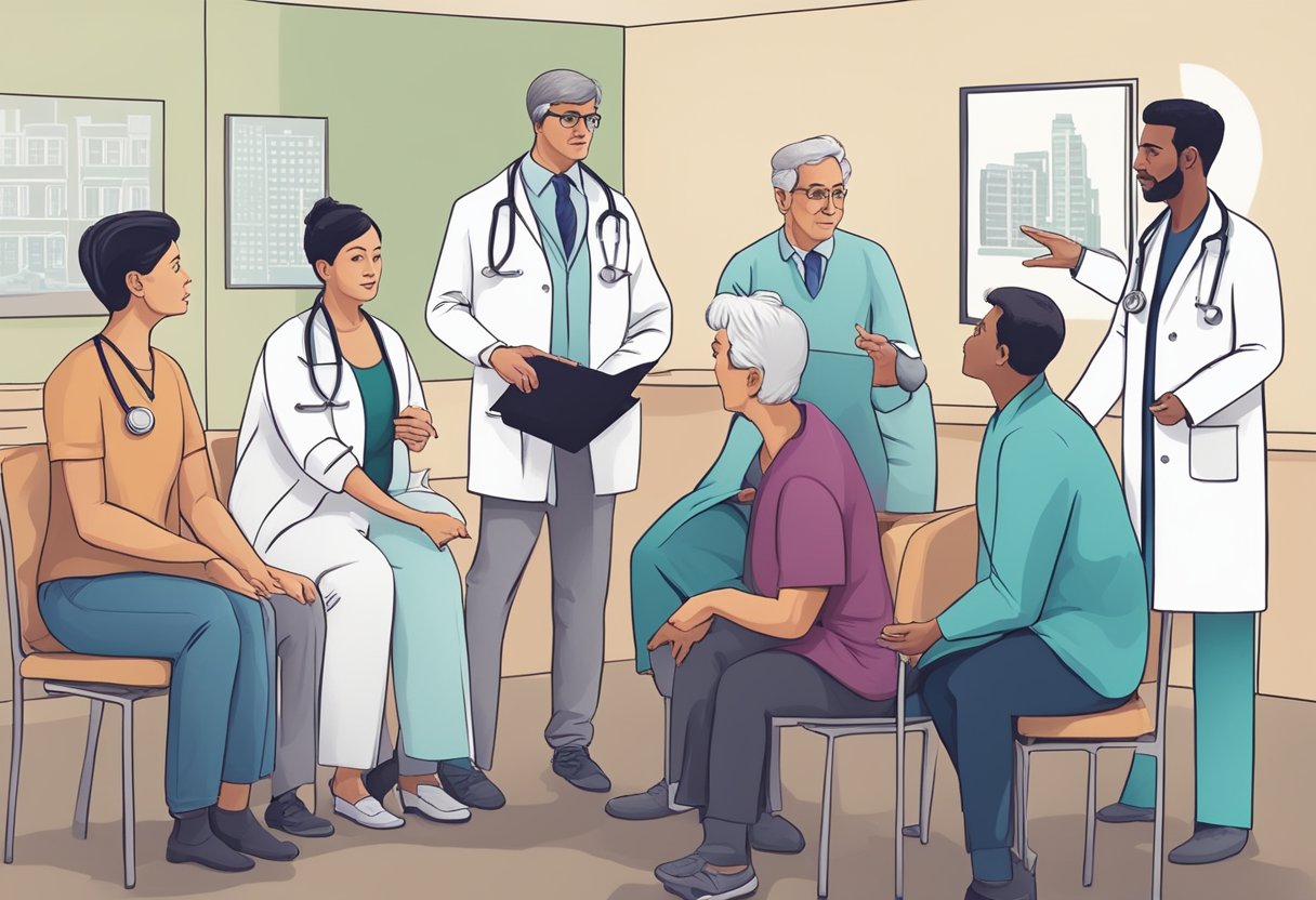 A doctor explaining treatment options for congestive heart failure vs heart failure to a group of attentive patients