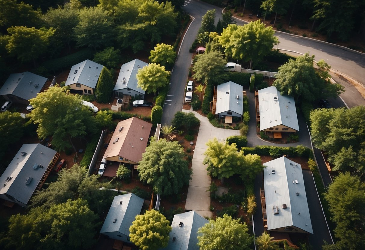 Aerial view of cozy tiny homes nestled in a lush green community with communal gardens and gathering spaces in Atlanta