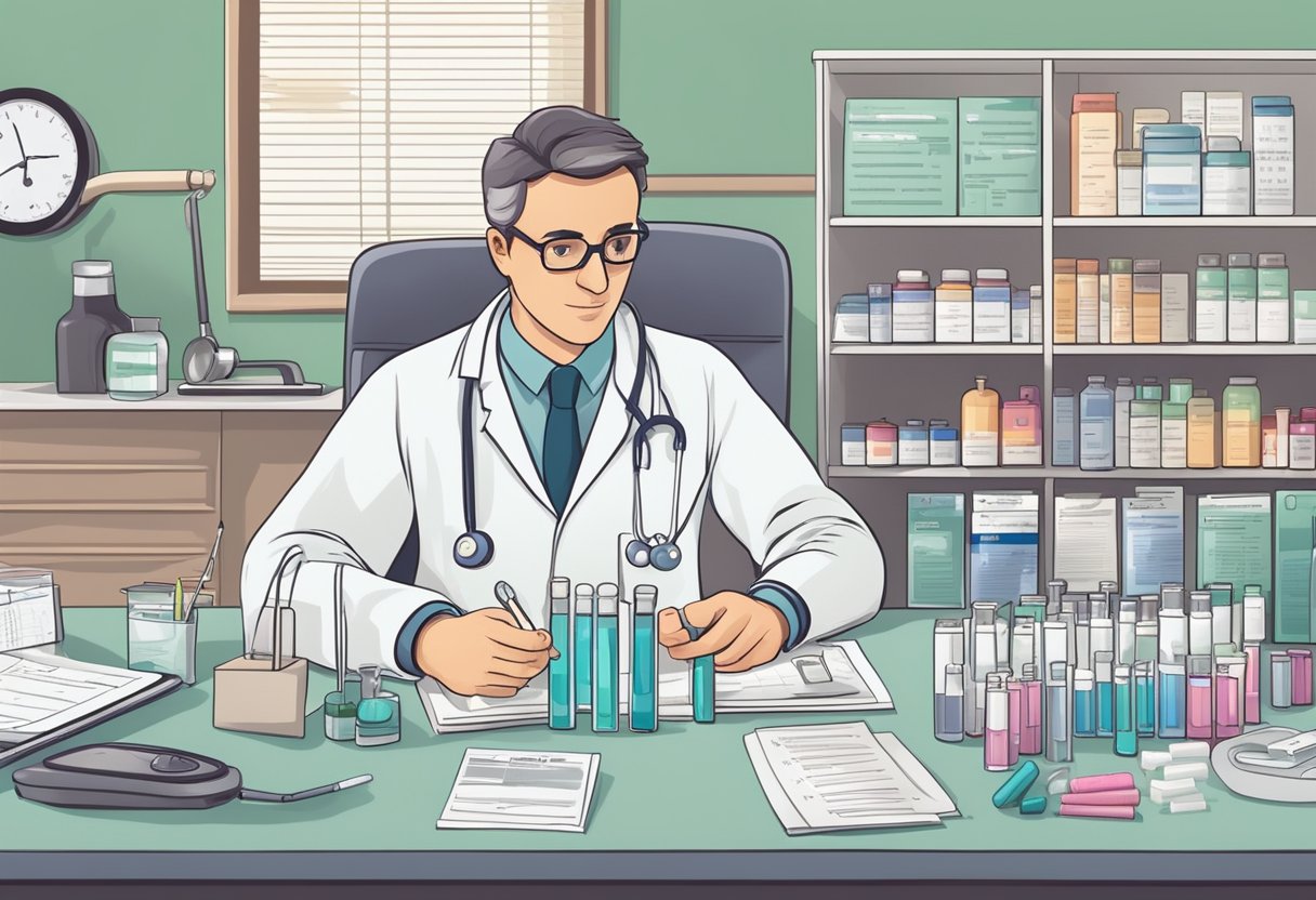 A doctor carefully monitors digoxin dosage for heart failure. Medication charts and patient records are organized on the desk