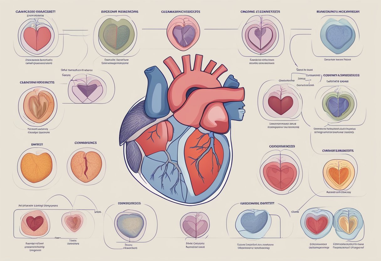 A diagram showing the classification of congenital heart defects, with various types of defects labeled and organized into categories