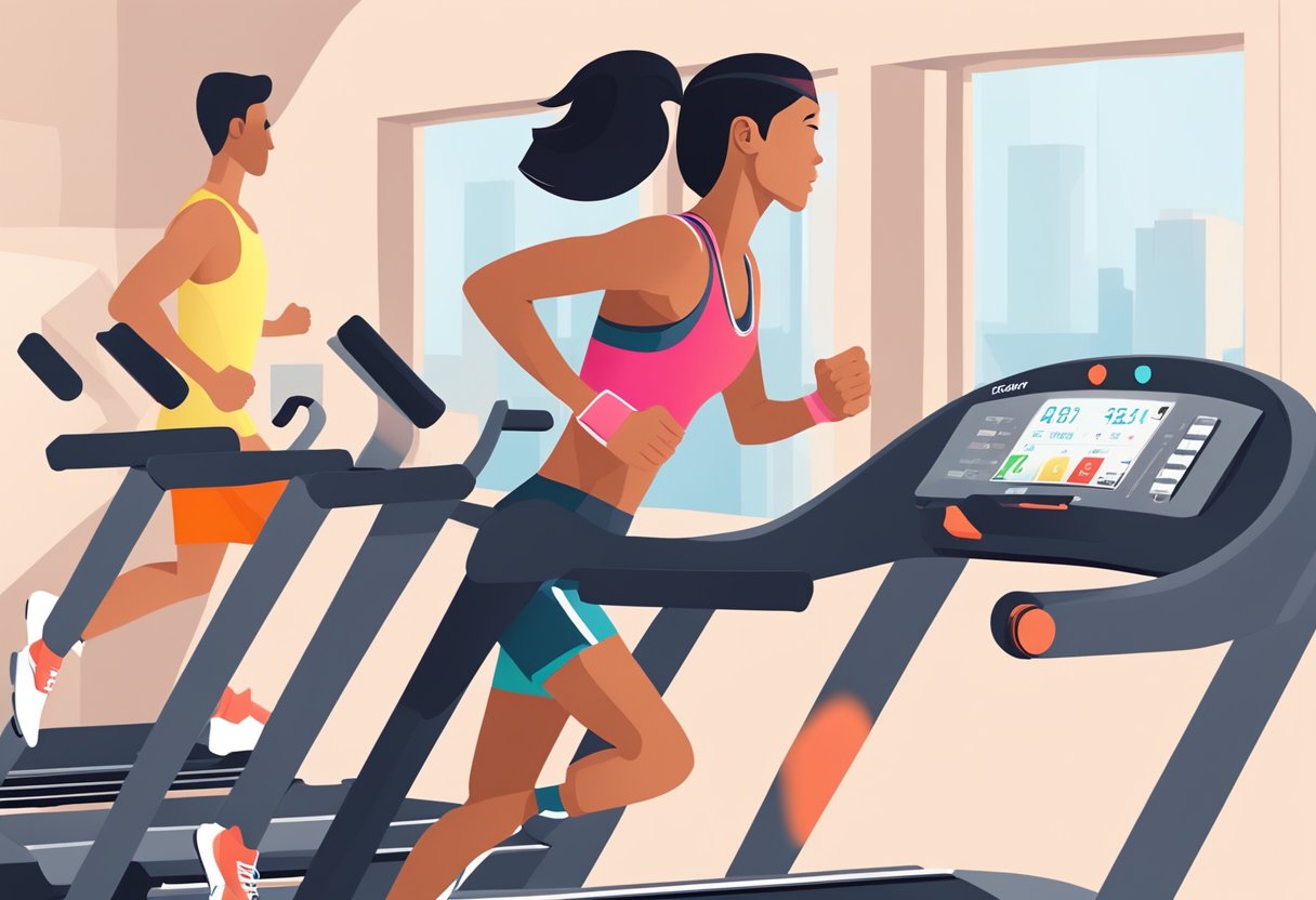 A runner on a treadmill with a heart rate monitor displaying different zones: easy, moderate, and intense. The runner is focused and determined