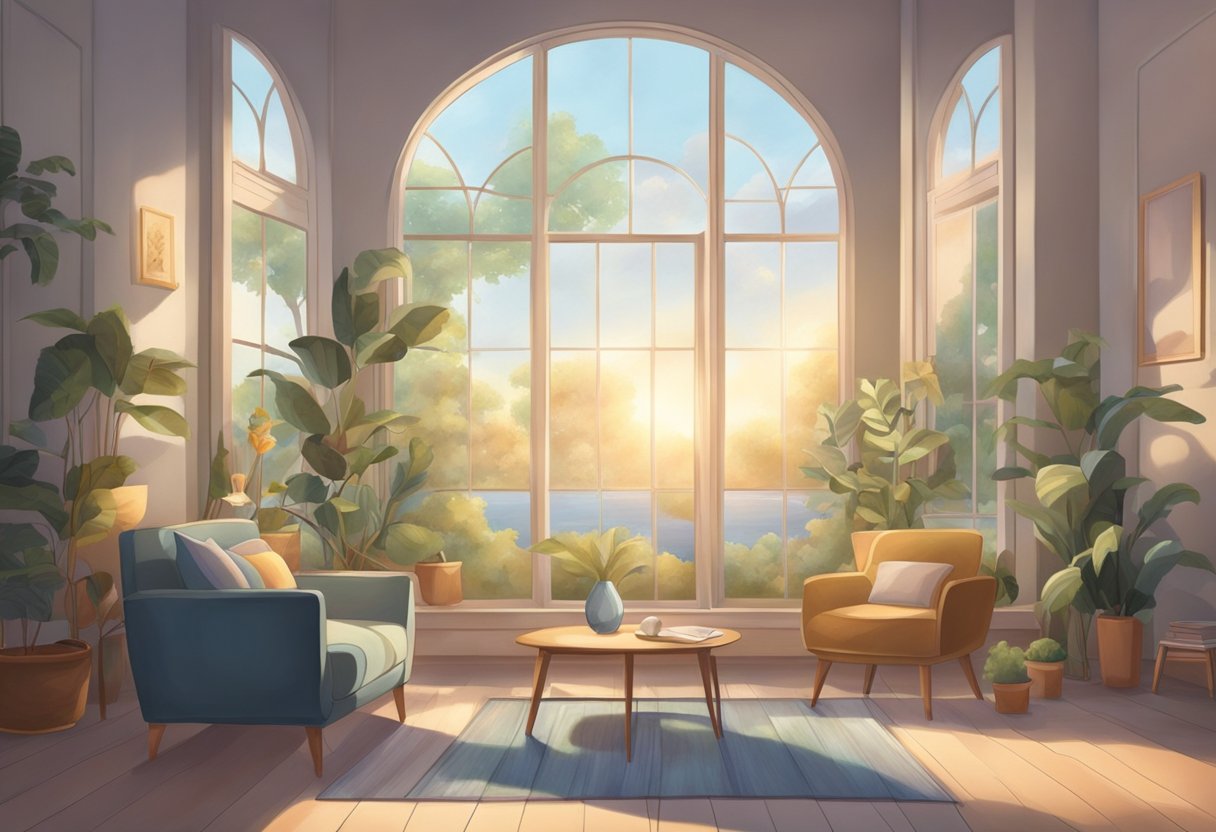 Soft music fills the room, calming the senses and slowing the heart rate. A peaceful scene with gentle melodies and tranquil ambiance