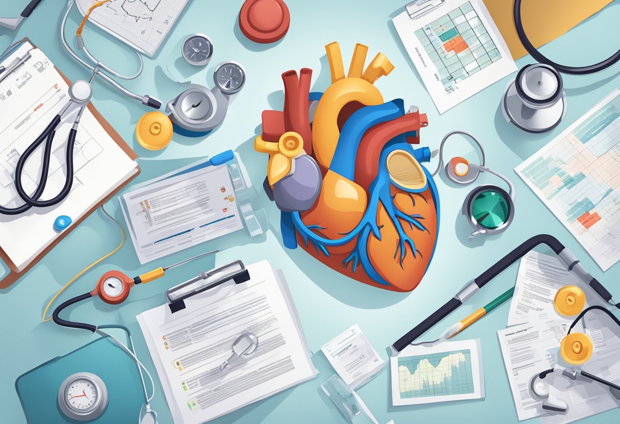 A stack of FAQs on congestive heart failure & heart failure, surrounded by medical equipment & diagrams