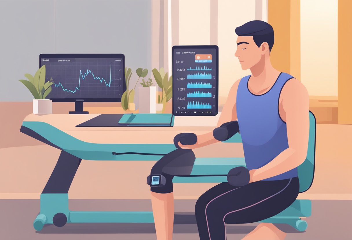 A person undergoing cancer treatment monitors heart rate with a heart rate monitor while exercising