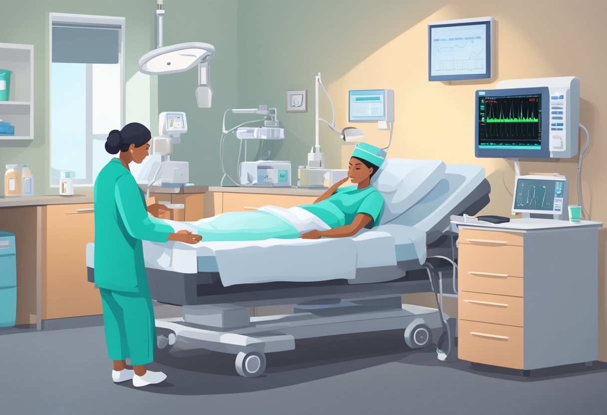 A doctor examines a heart monitor, while a nurse administers medication. A patient sits in a hospital bed, surrounded by medical equipment