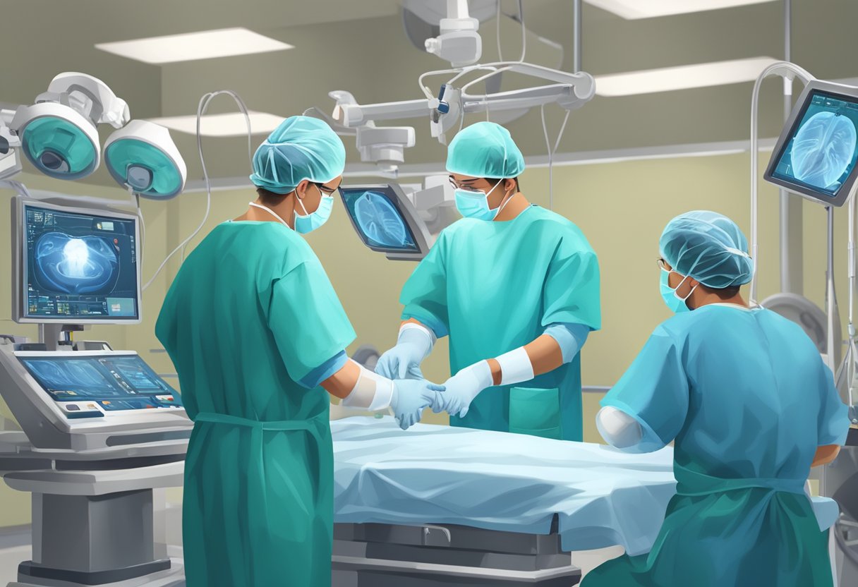 Surgeons perform heart bypass surgery in an operating room with medical equipment and monitors