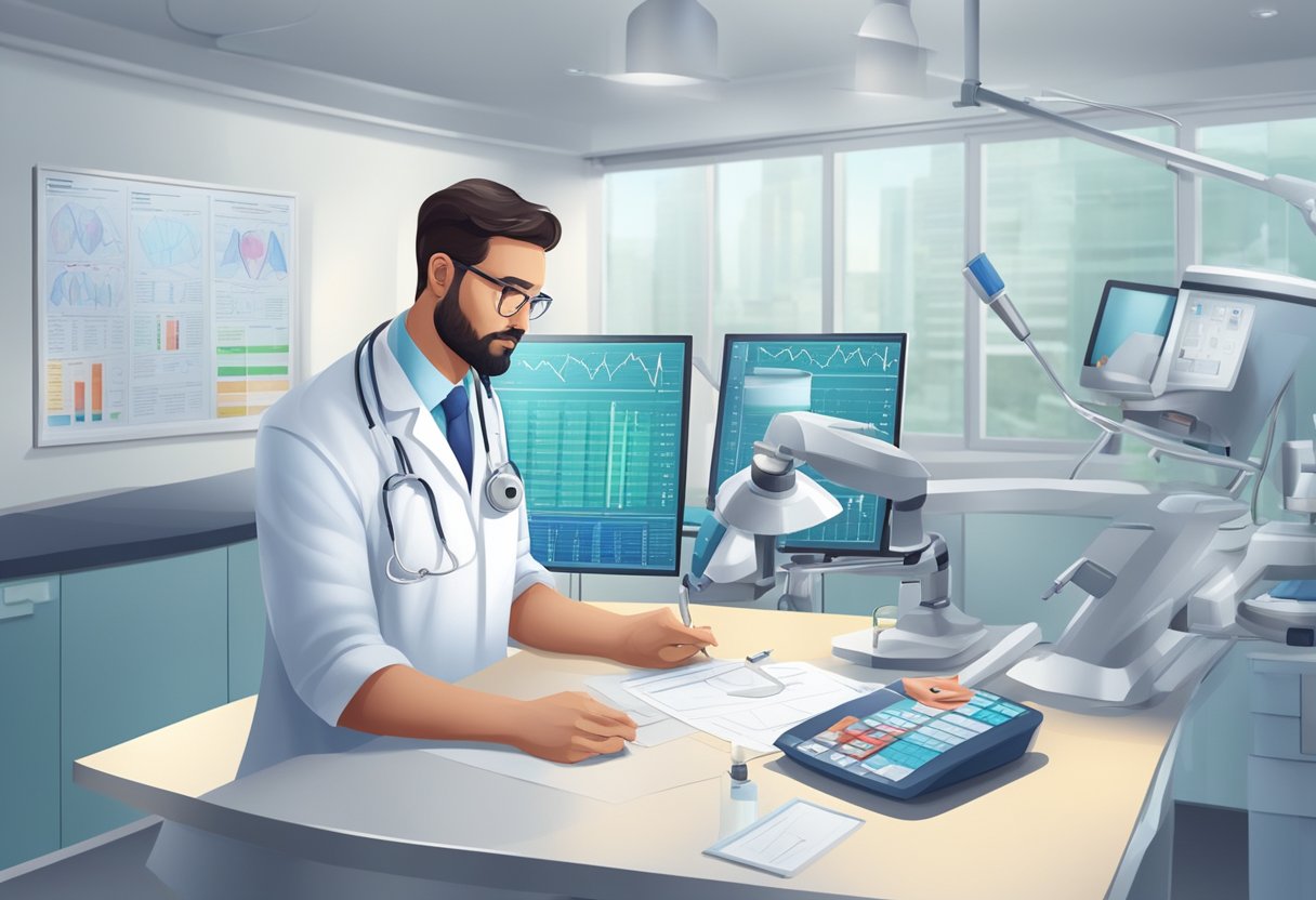 A doctor classifies and manages congenital heart disease using charts and medical equipment in a hospital setting