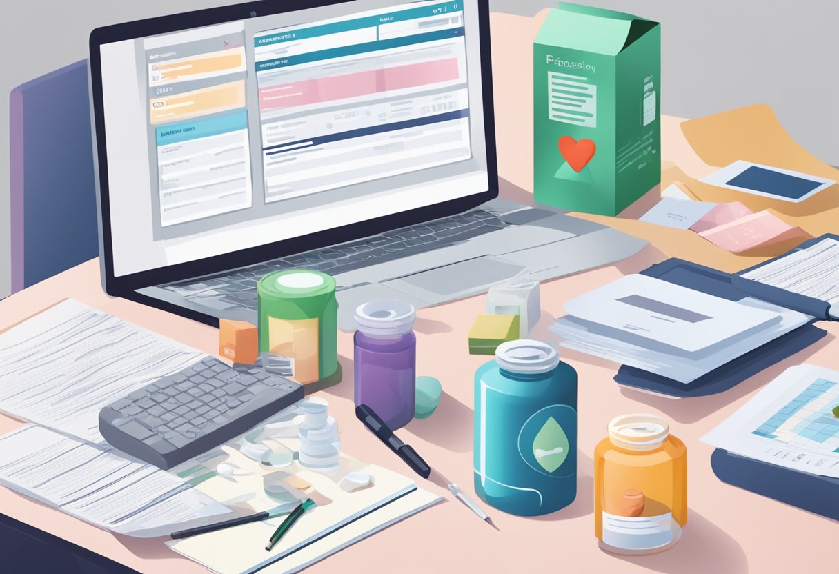A heart-shaped pill bottle surrounded by heart failure pamphlets and a computer screen displaying "Frequently Asked Questions about digoxin."