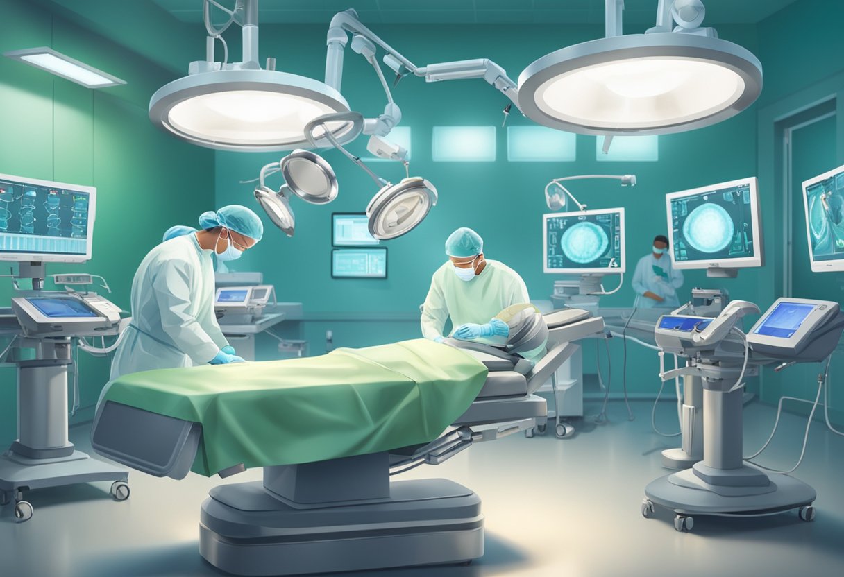 Surgeons perform open heart surgery in a brightly lit operating room, surrounded by medical equipment and monitors, with the patient lying on the operating table