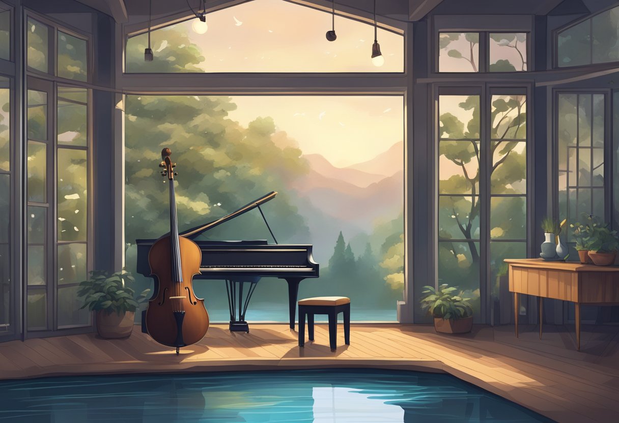 A serene, dimly lit room with a soft, rhythmic melody playing, surrounded by peaceful nature elements like flowing water and swaying trees