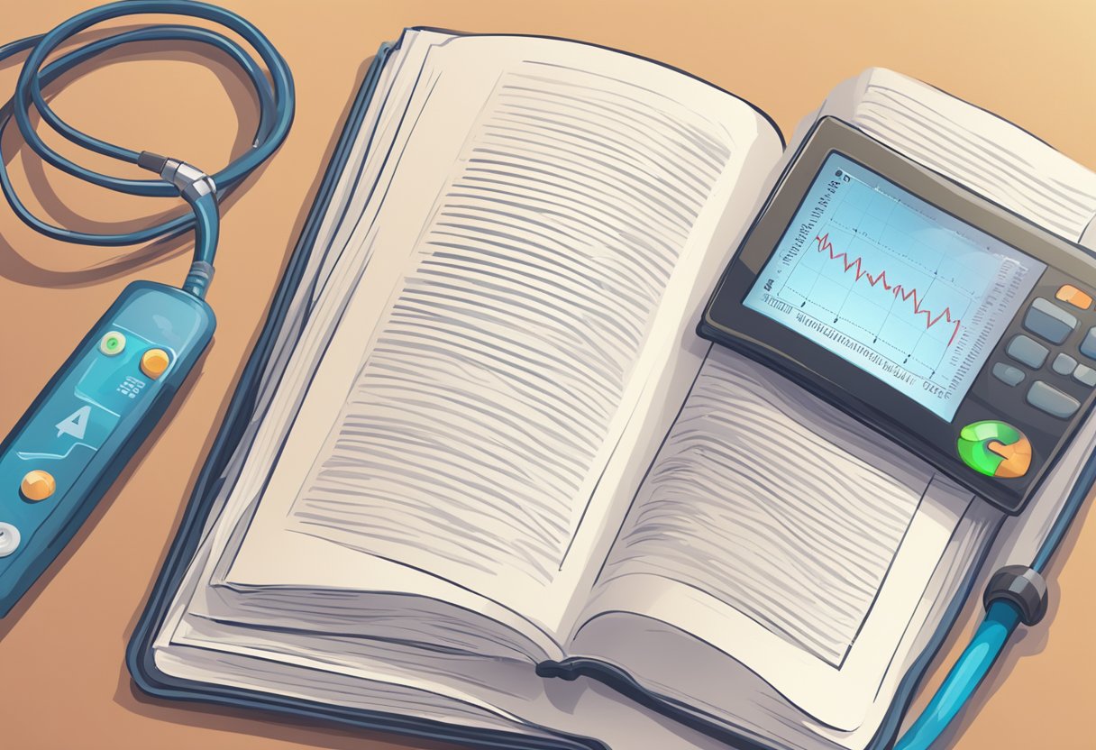 A medical book with "Frequently Asked Questions" about cancer and a heart rate monitor showing a slow pulse