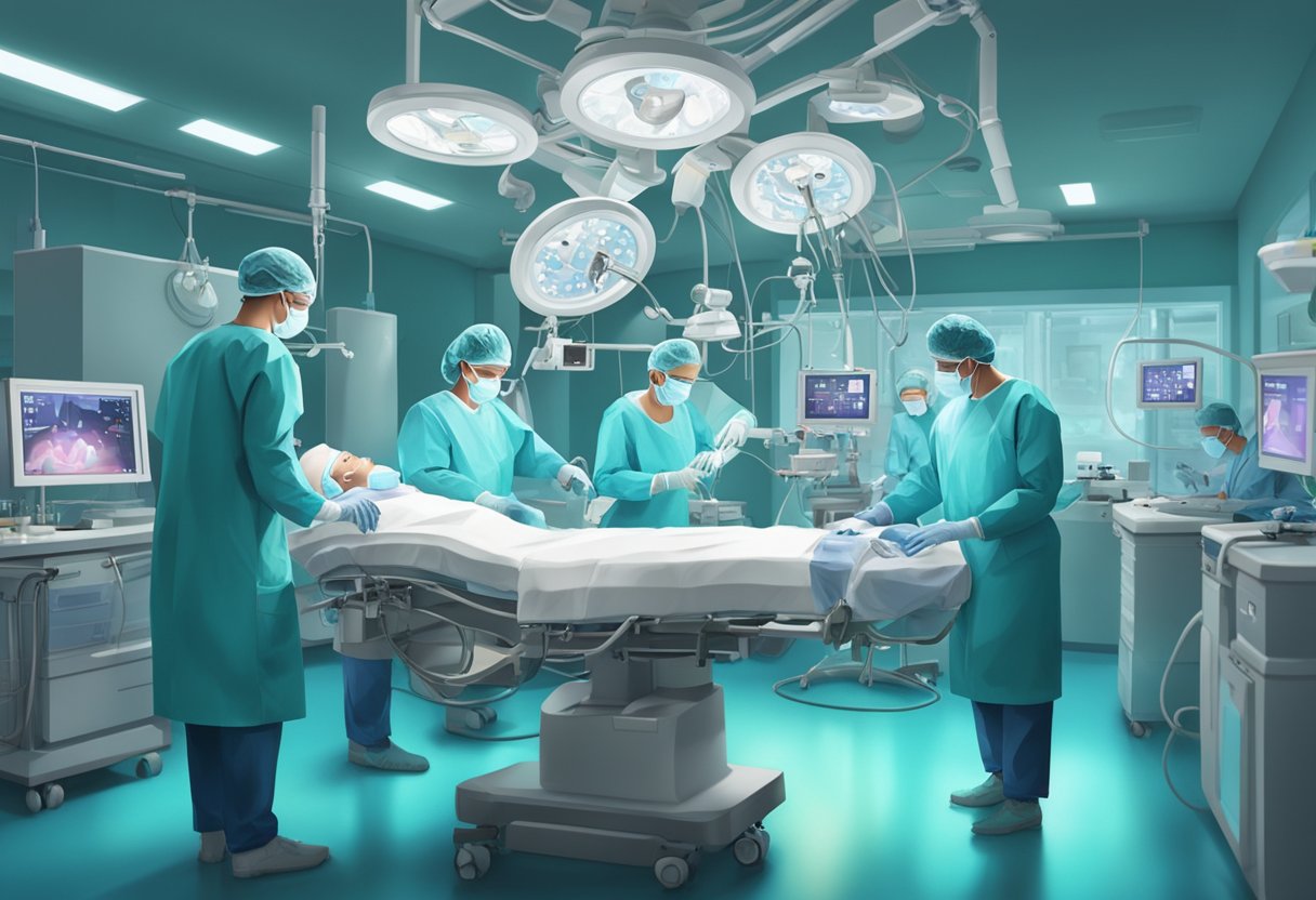 Surgeons perform heart bypass surgery in a brightly lit operating room, surrounded by medical equipment and monitors. The patient lies on the operating table, connected to various tubes and wires