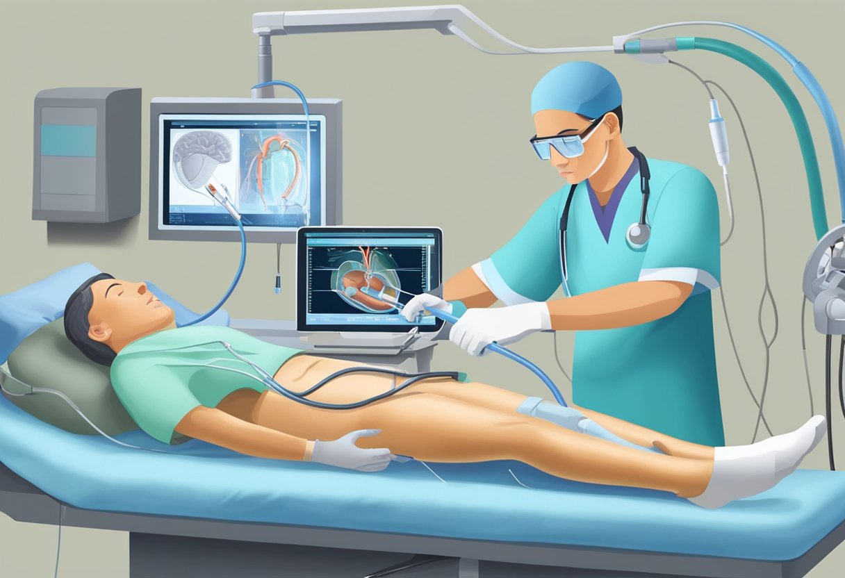 A cardiologist inserts a PCI catheter into a patient's artery, guided by a fluoroscopy machine