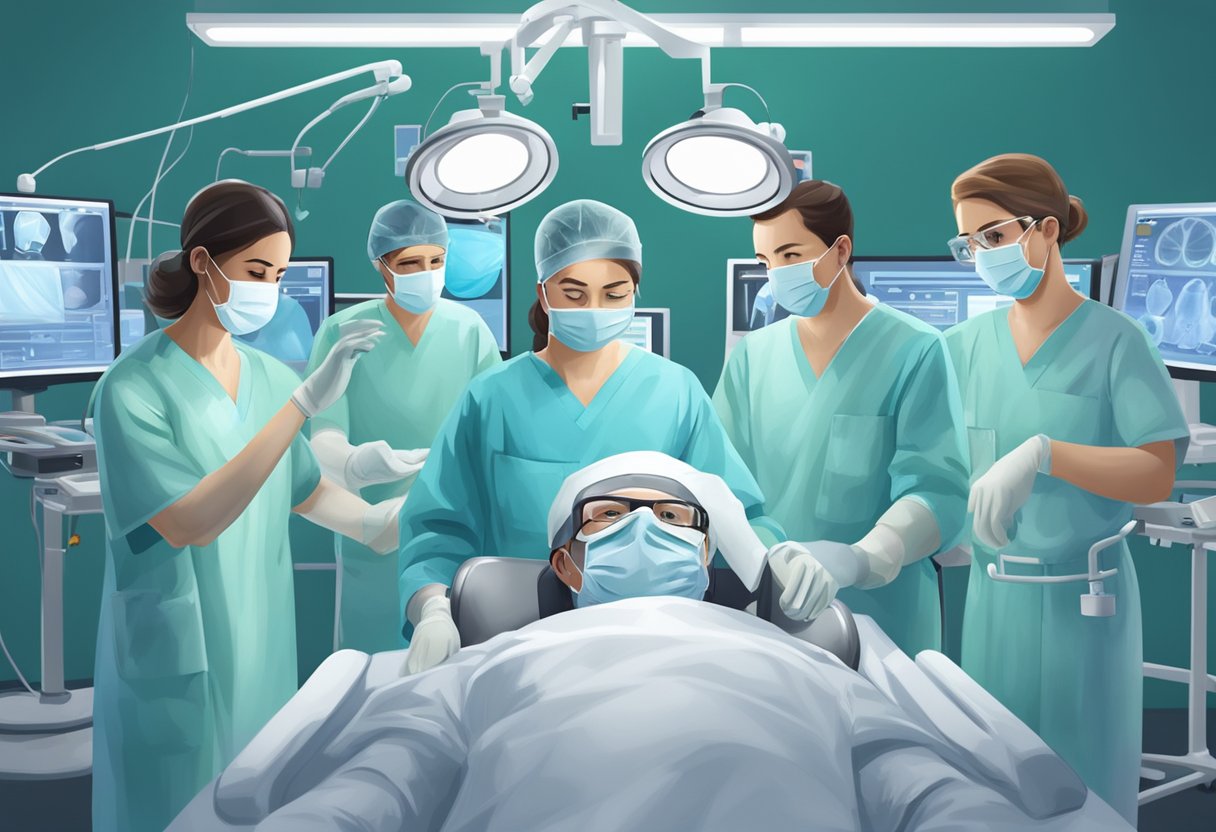 A team of surgeons surrounds a patient on an operating table, with medical equipment and monitors in the background