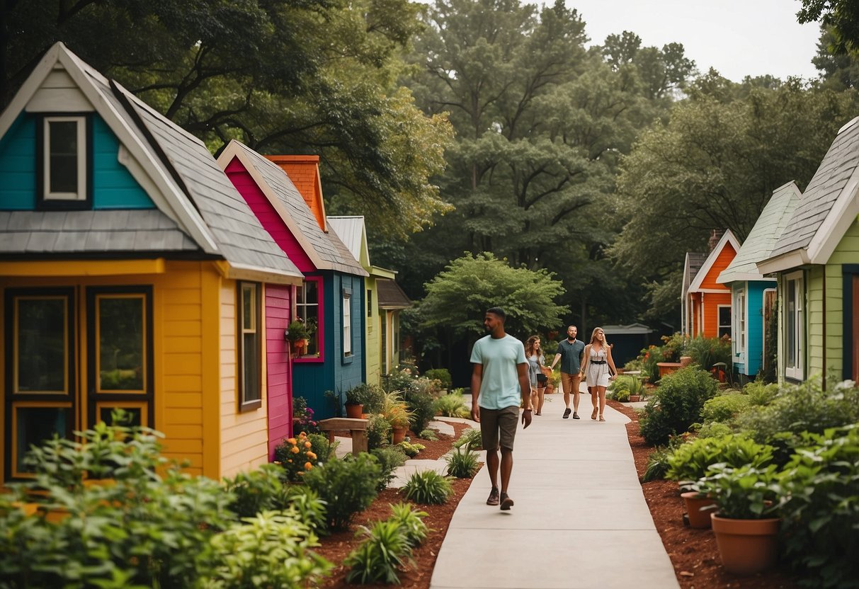 People walk through a vibrant tiny home community in Atlanta, with colorful houses nestled among lush greenery and communal spaces for gathering