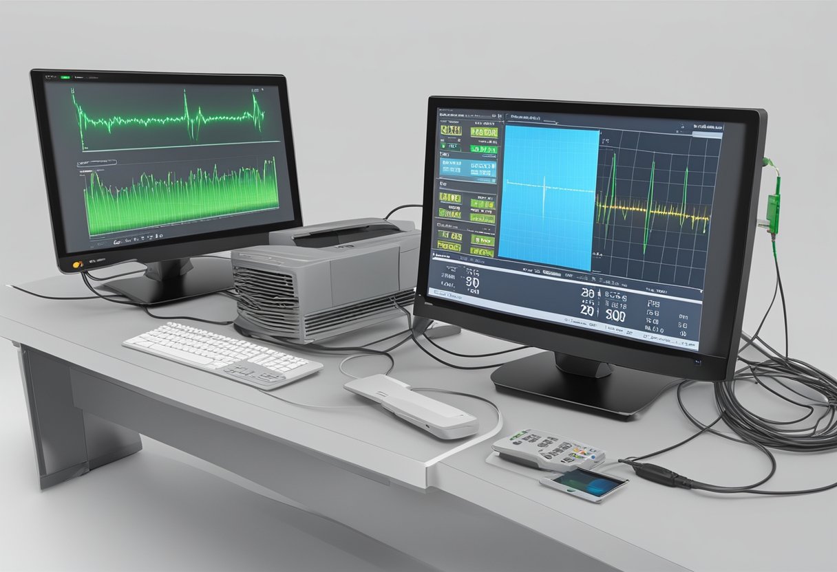 A heart monitor connected to a computer via a PCI card. The monitor displays real-time data on the screen, while the PCI card processes and transmits the information for analysis