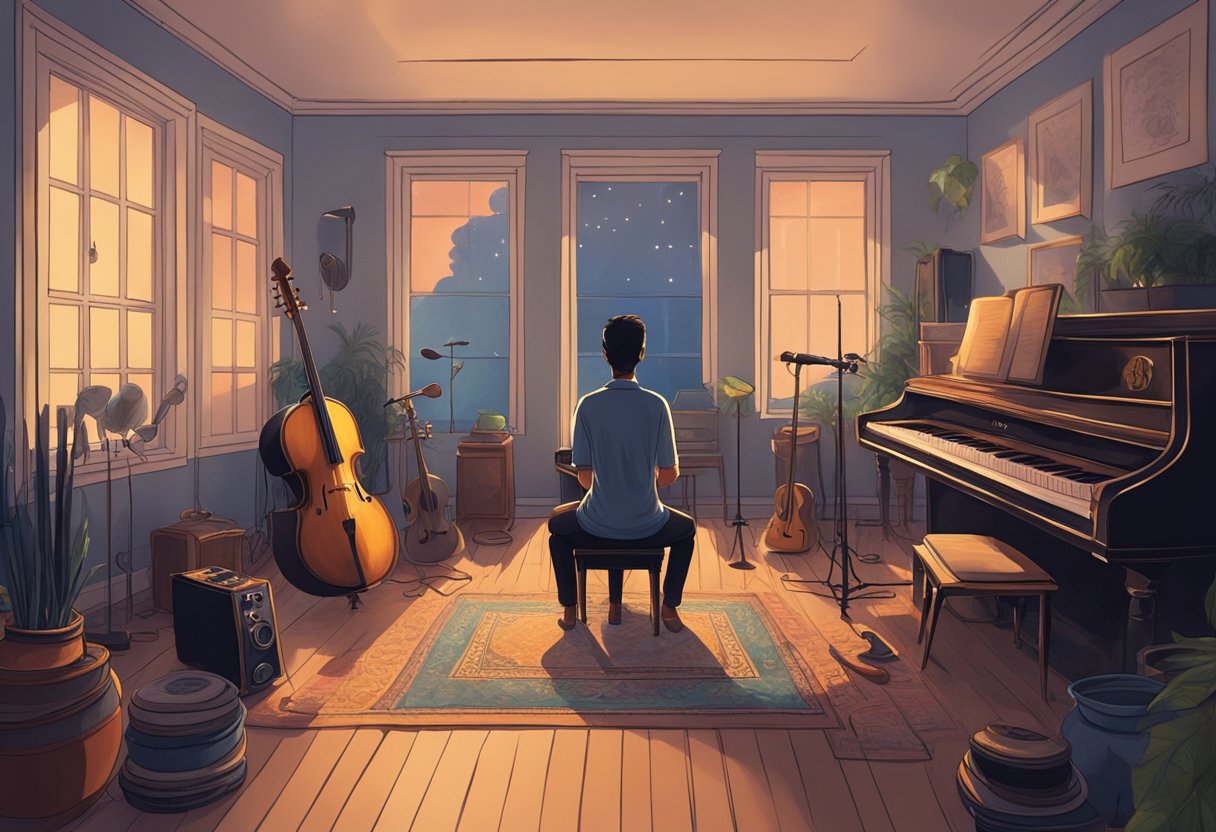 A serene, dimly lit room with a person's silhouette sitting in meditation, surrounded by musical instruments emitting calming melodies