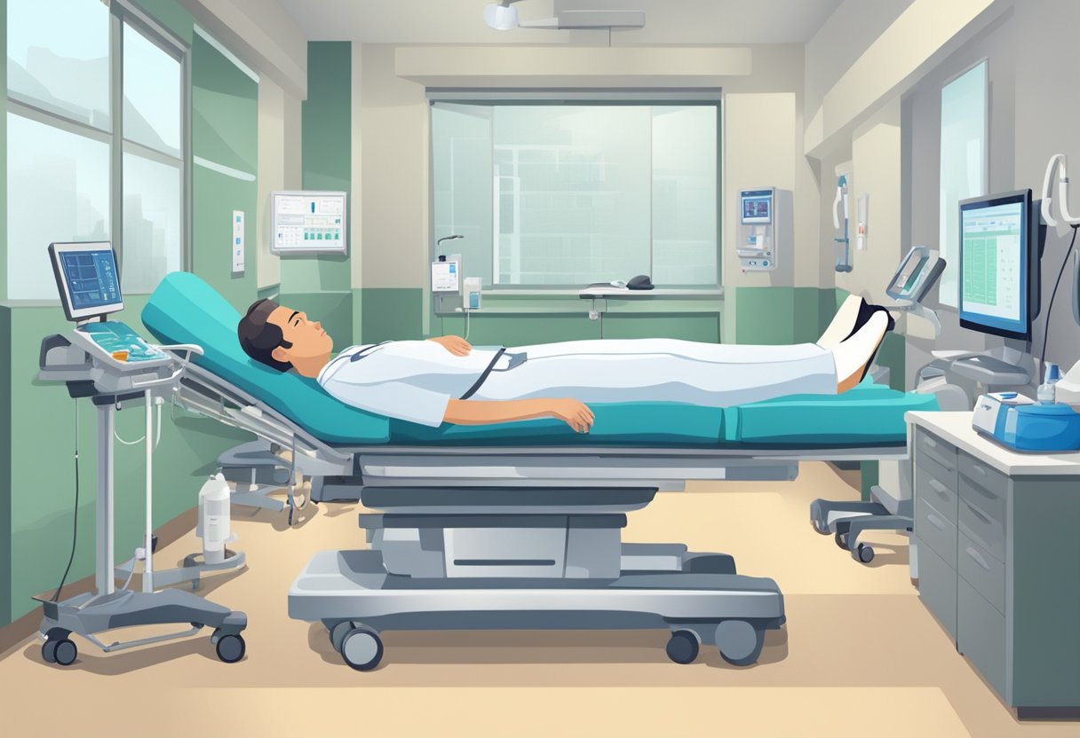 A patient is lying in a hospital bed, surrounded by medical equipment and monitors. A physical therapist is assisting the patient with gentle exercises to aid in their recovery