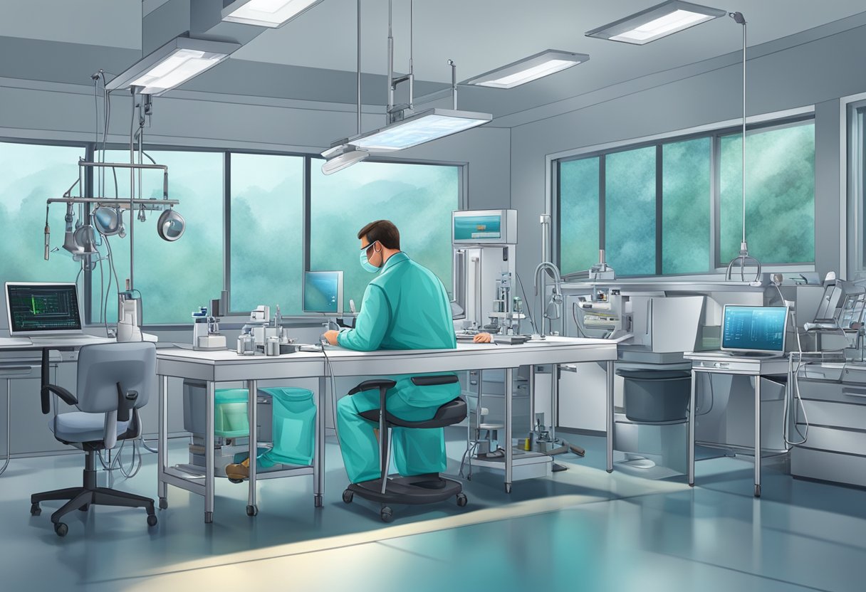 A doctor prepares equipment, performs a procedure, and monitors recovery in a cardiology lab