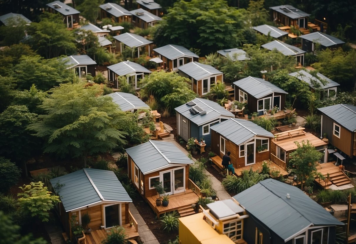 A cluster of tiny homes nestled in a lush Atlanta community, with residents gathering in a central space for a lively Q&A session