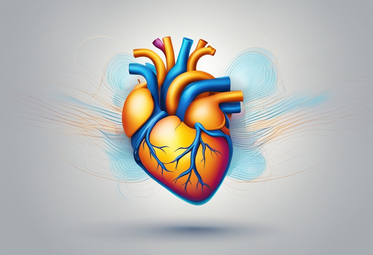 A heart trembling with palpitations, pulsing rapidly in a rhythmic dance of urgency