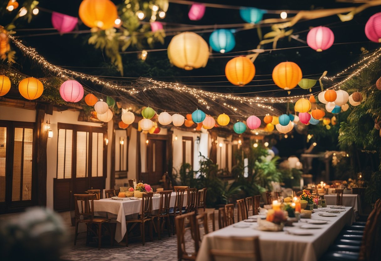 The house is being decorated with colorful banners, paper lanterns, and straw hats. Tables are being set up with traditional food and drinks for the Junina party