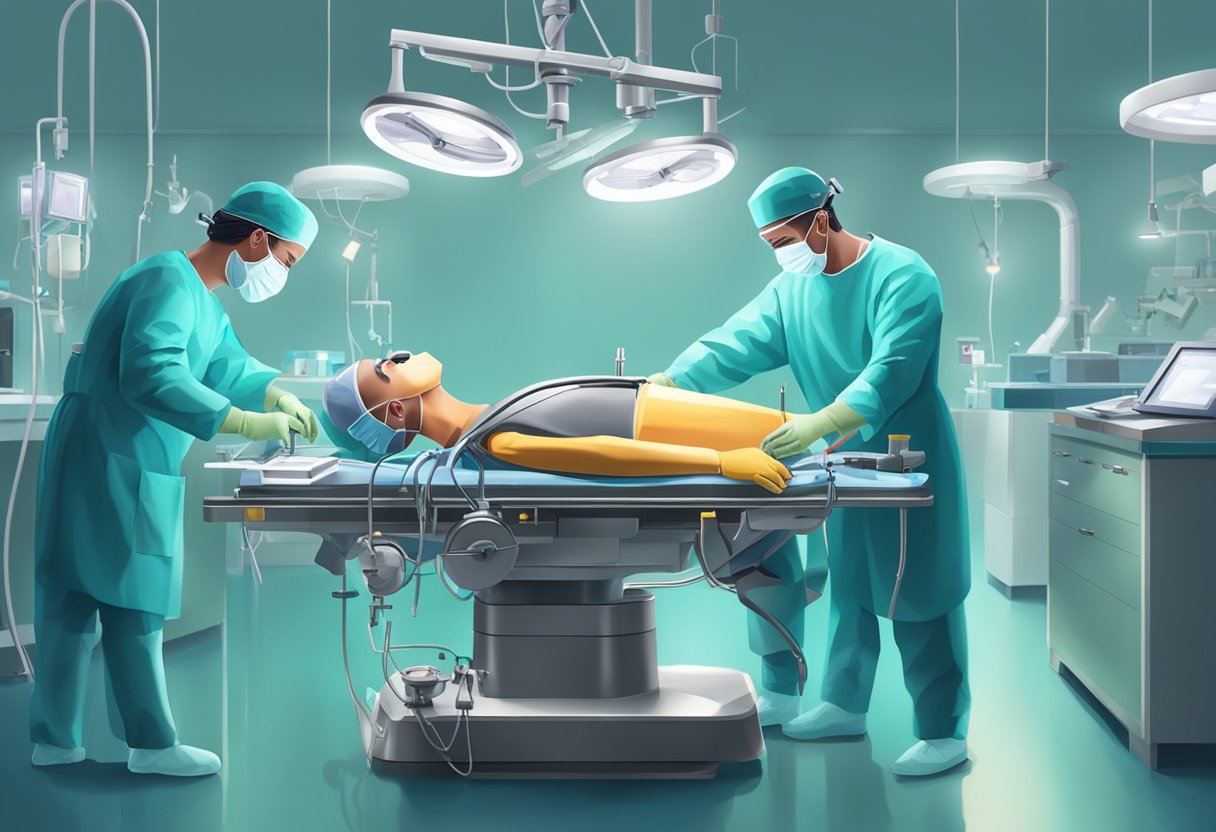 A surgeon performing open heart surgery in a well-lit operating room. Instruments and medical equipment are arranged around the patient on the operating table