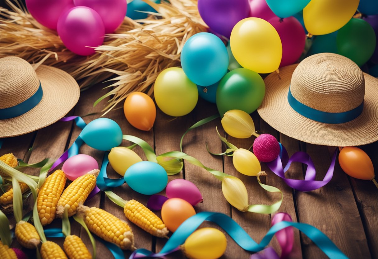 A colorful themed decoration for a June party with banners, balloons, and traditional elements like straw hats, corn husks, and colorful ribbons