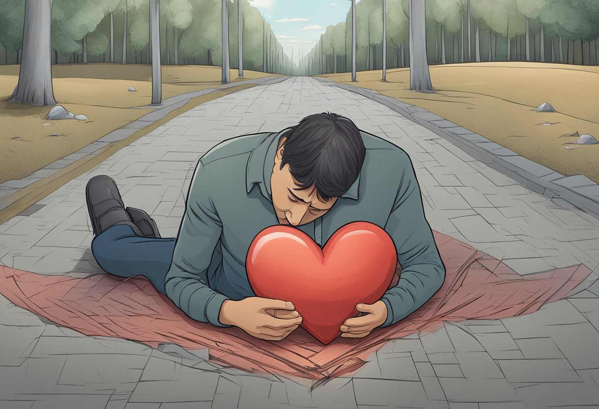Emotional pain crushes the heart, leaving it on the ground