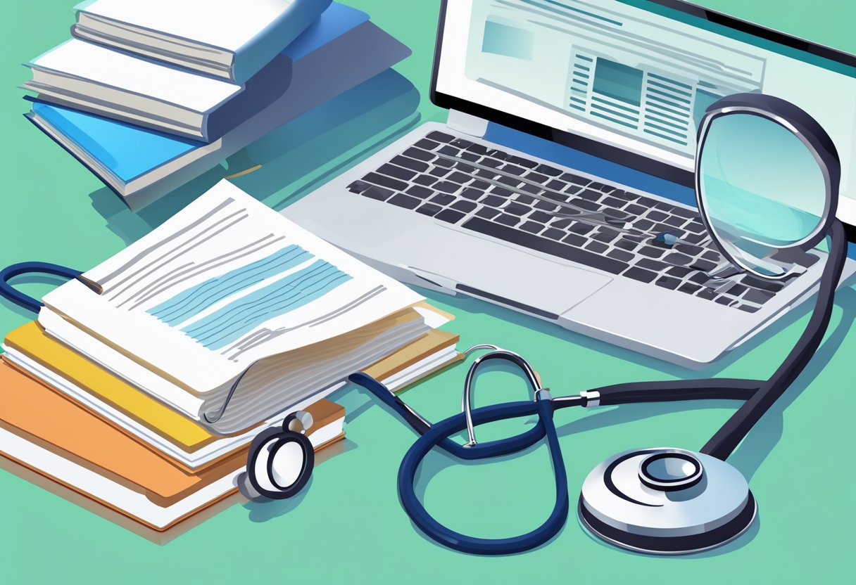 A computer screen displaying "Frequently Asked Questions pci cardiology" with a stack of medical books and a stethoscope nearby