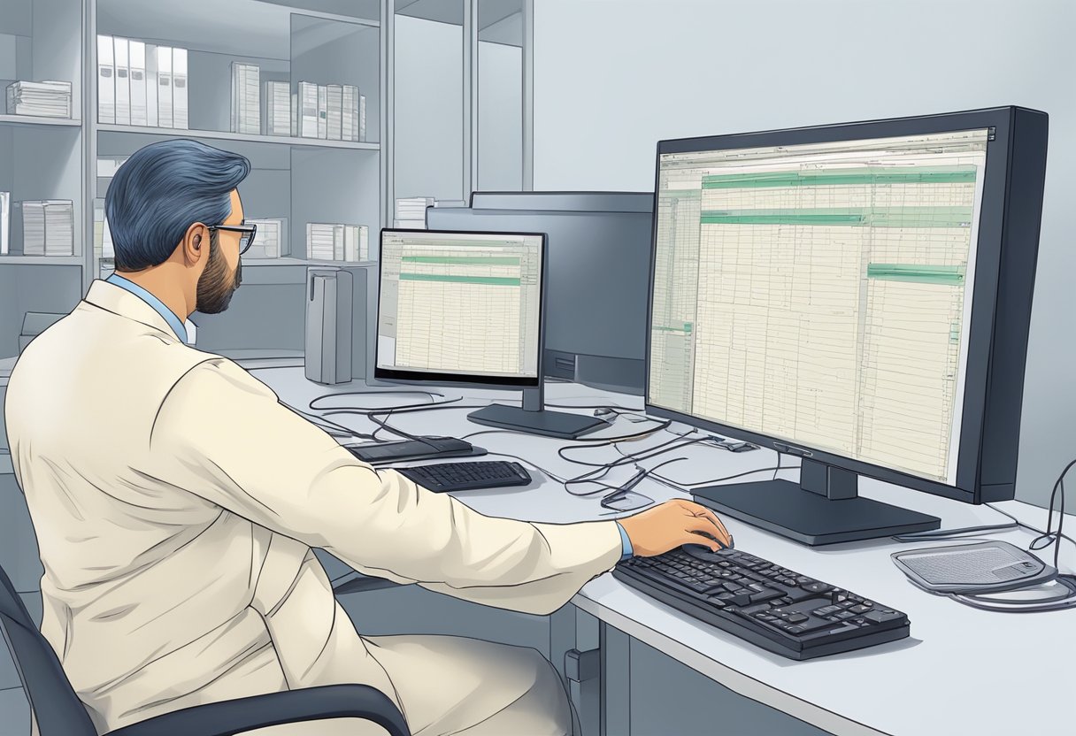 A cardiologist reviews medical records, assigns codes, and enters data into a computer system