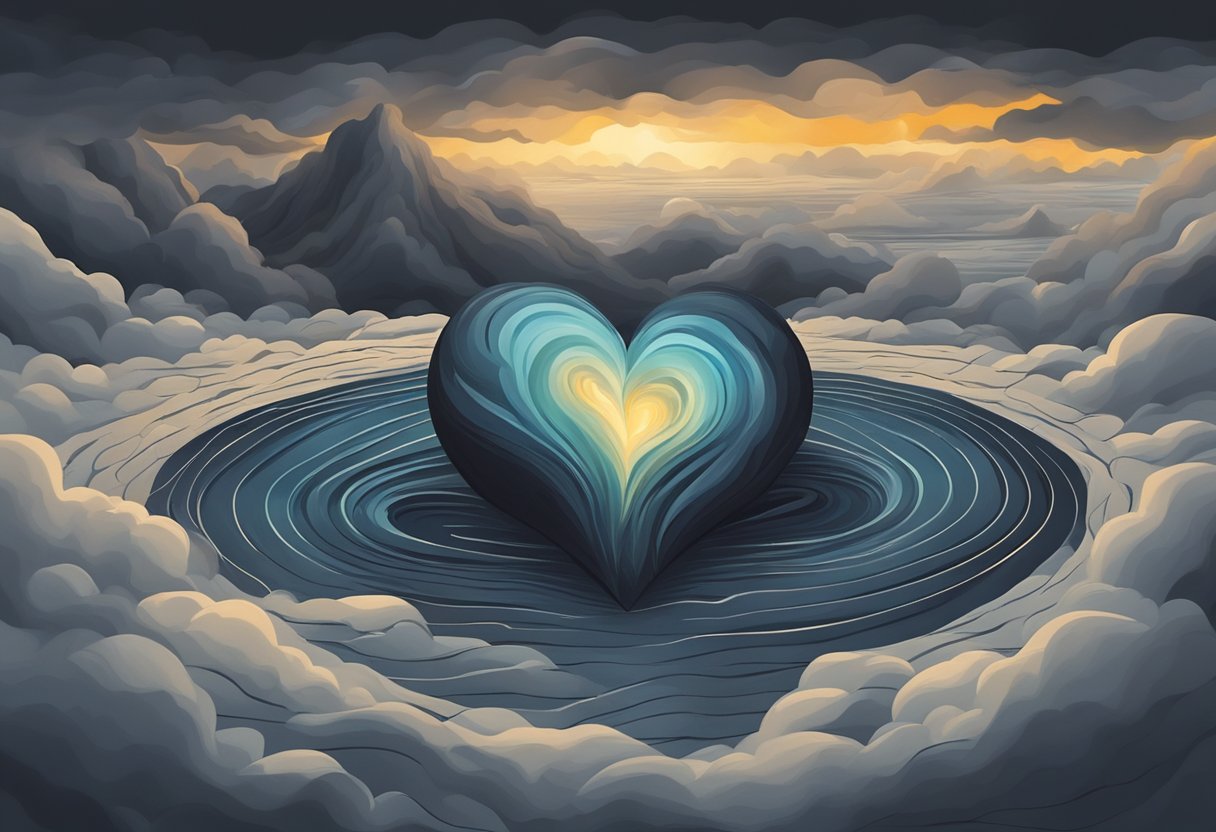 A heart lies on the ground, surrounded by swirling, dark clouds, symbolizing pain and emotional turmoil