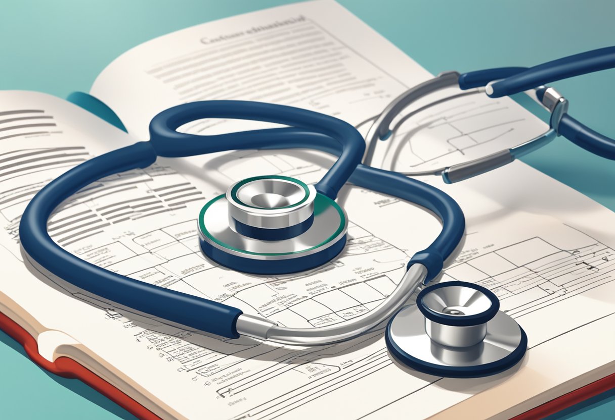 A stethoscope resting on a medical coding book, with a computer screen displaying cardiology coding guidelines in the background