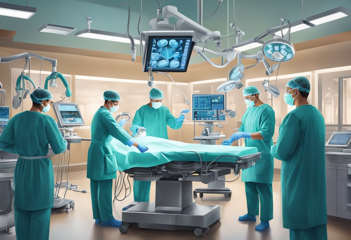 A surgeon performs a heart bypass surgery in a well-lit operating room, surrounded by medical equipment and a team of focused healthcare professionals