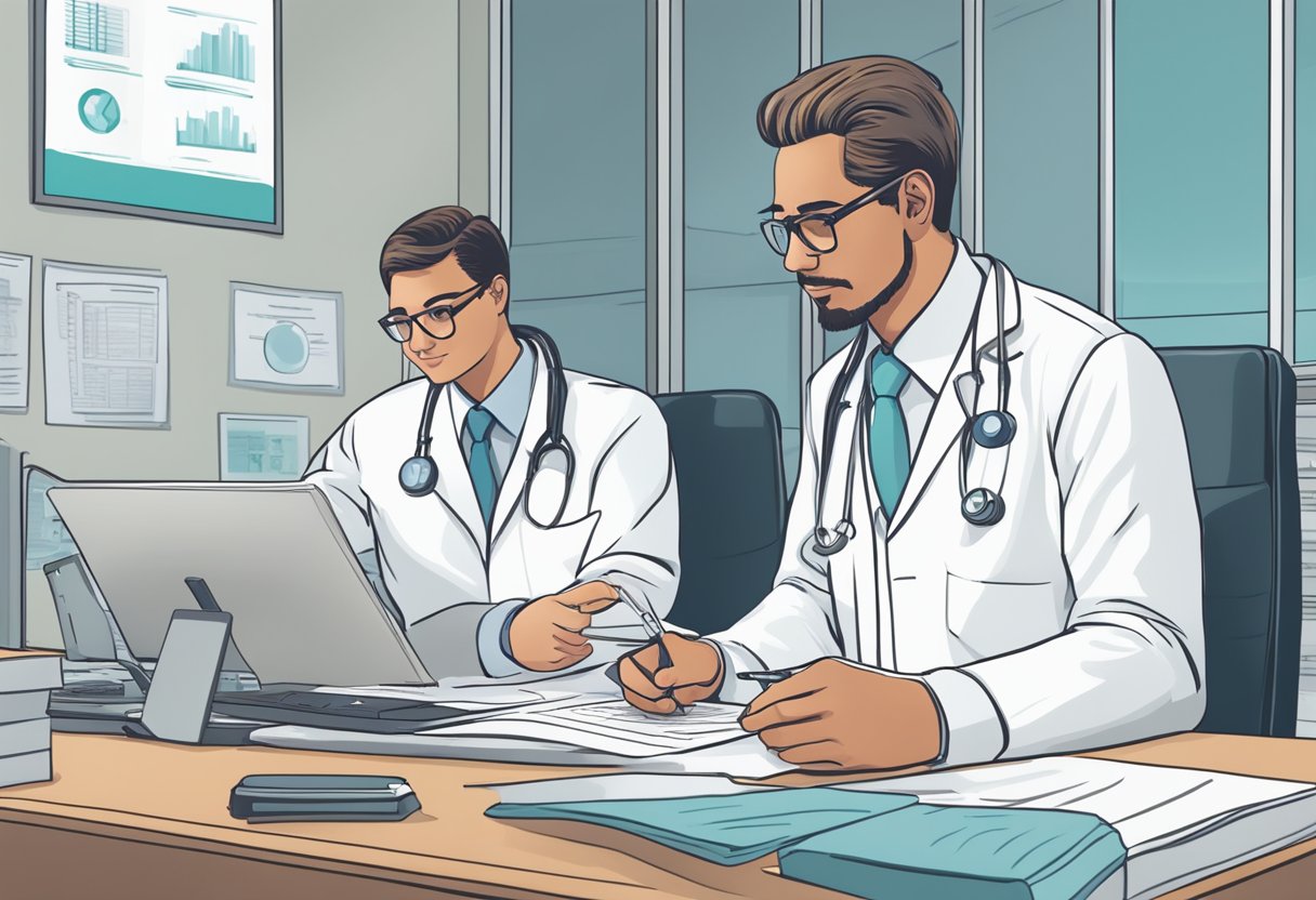 A cardiologist fills out paperwork while a reimbursement specialist reviews coding guidelines