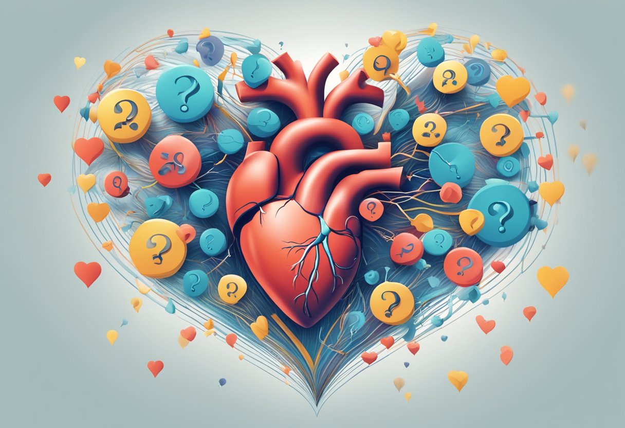 A heart trembling with palpitations, surrounded by question marks