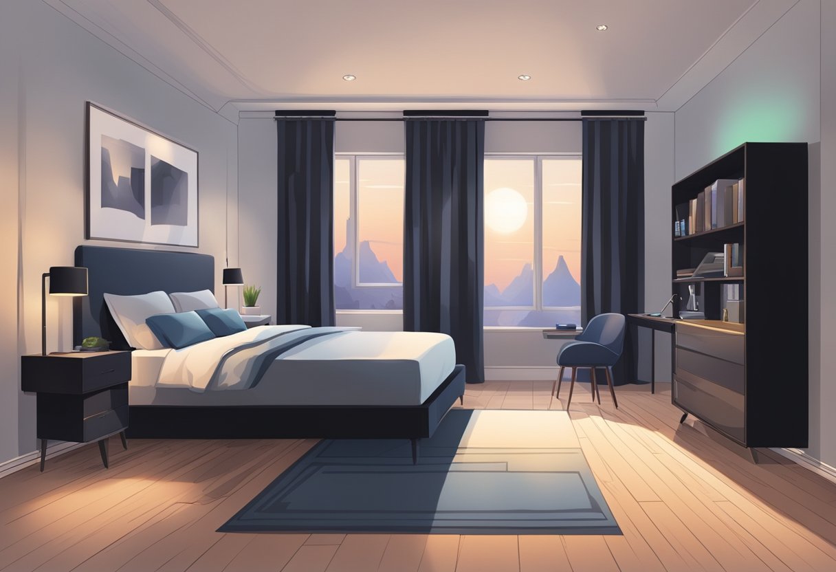 A dark bedroom with a glowing clock, a racing pulse visible in the dim light, and a sense of restlessness in the air
