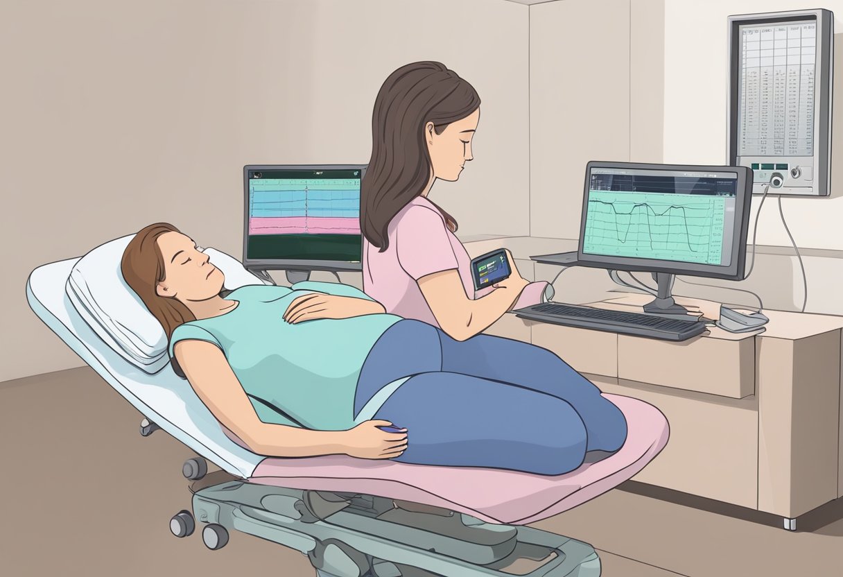 A fetal heart rate monitor is placed on a pregnant woman's abdomen at 35 weeks gestation. A medical professional carefully observes the monitor's display, noting any irregularities and potential interventions