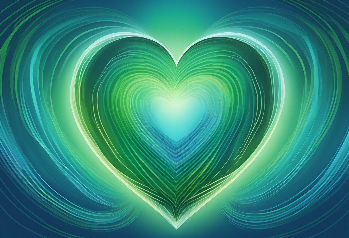 A calm, steady pulse radiates from a heart-shaped symbol, surrounded by tranquil blue and green hues