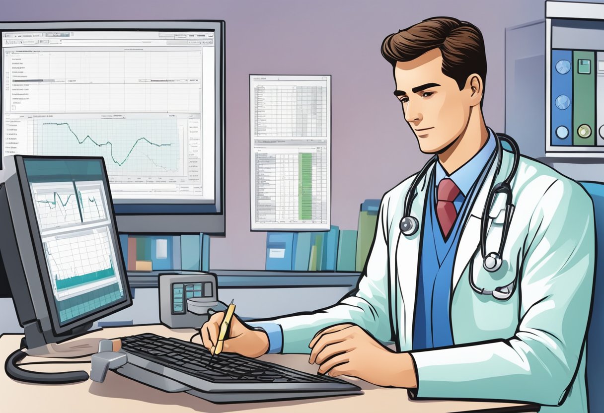 A doctor reviewing a cardiology coding manual, with a computer and medical charts in the background