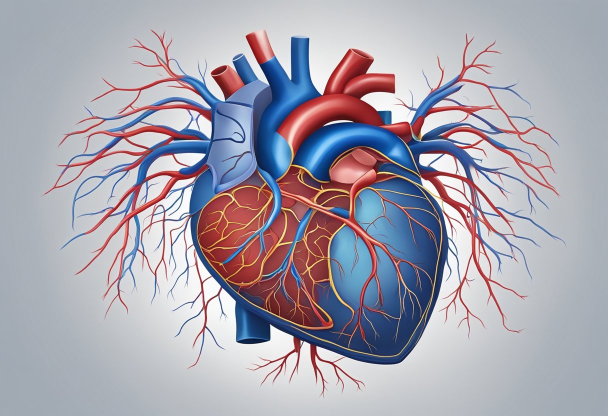 A network of arteries and veins branching out from the heart, with blood flowing smoothly through them